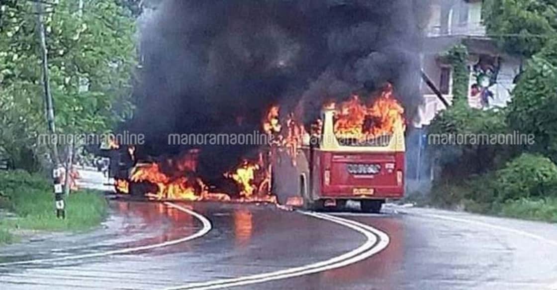 KSRTC bus catches fire after collision with lorry in Kollam KSRTC bus catches fire after collision with lorry in Kollam