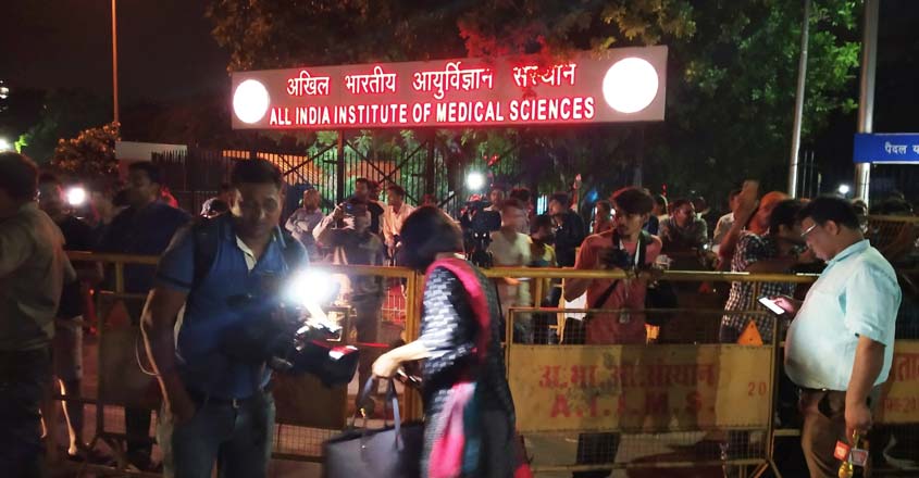 Sushma Swaraj New Delhi: Journalists gather outside All India Institute of Medical Sciences (AIIMS) after Former External Affairs Minister Sushma Swaraj died at the hospital in New Delhi on Aug 6, 2019. Swaraj was brought to AIIMS in a critical condition but soon passed away. She was 67. (Photo: Bidesh Manna/IANS)