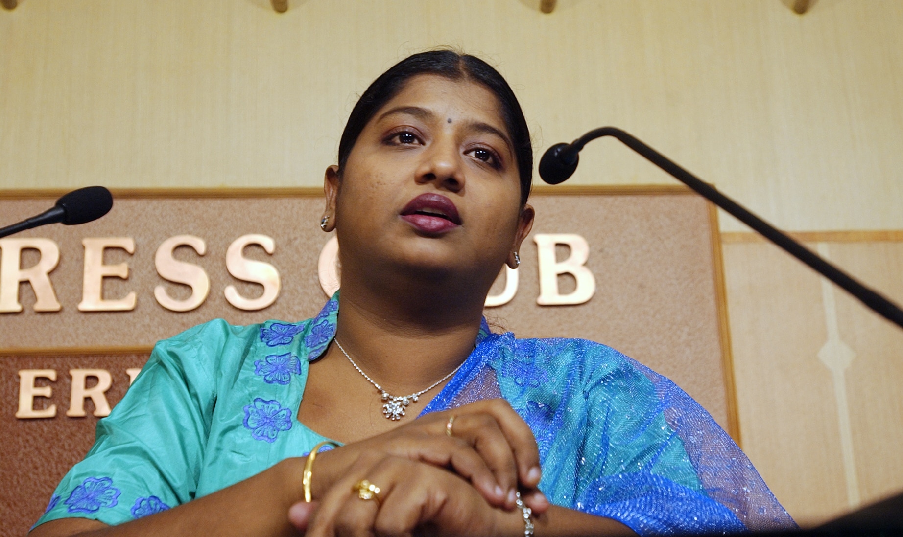 PRIYANKA Malayalam film actress Priyanka addresses the press
in kochi soon after her release from police remand for allegedly blackmailing a leading south Indian actress Kaveri. Friday,13 feb,2004/