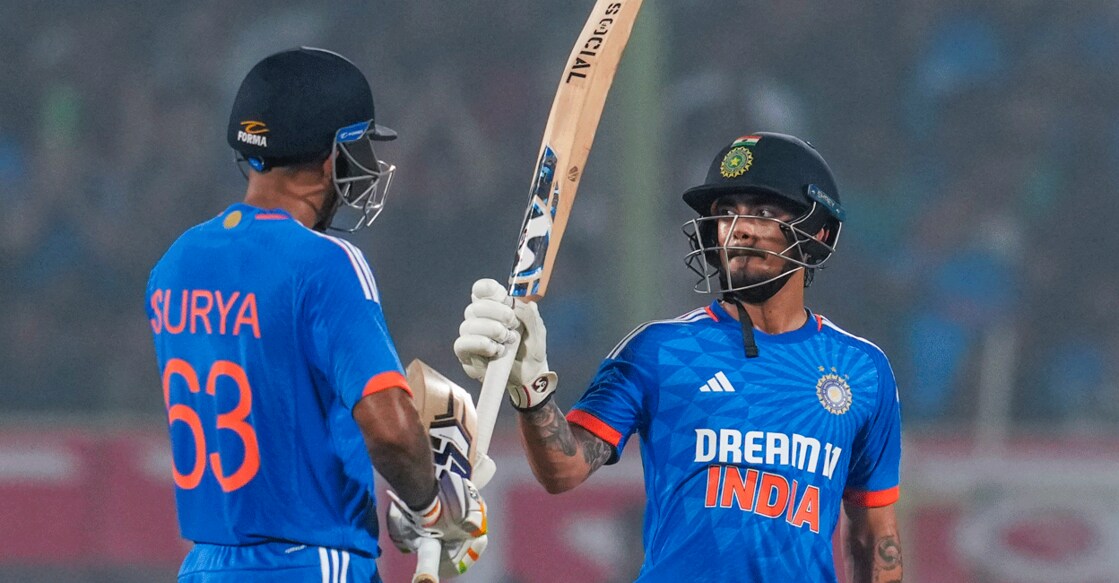 India's Ishan Kishan celebrates his half century with captain Suryakumar Yadav during the first T20I against Australia in Visakhapatnam on Thursday. Photo: PTI