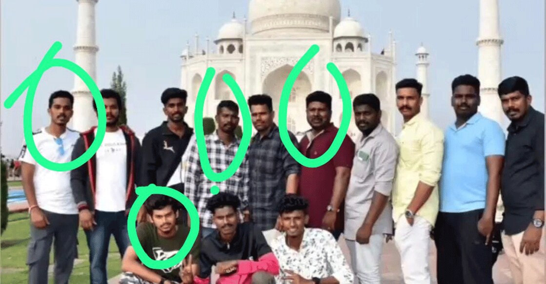 In this file photograph, the four Malayalis killed in the accident (marked), can be seen posing with friends in front of the Taj Mahal. Photo: Special arrangement