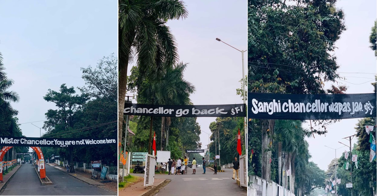 sanghi-governor-banners-sfi The banners raised by the SFI in the Calicut University campus ahead of Governor Arif Mohammed Khan's visit. Photos: Facebook/@sficu