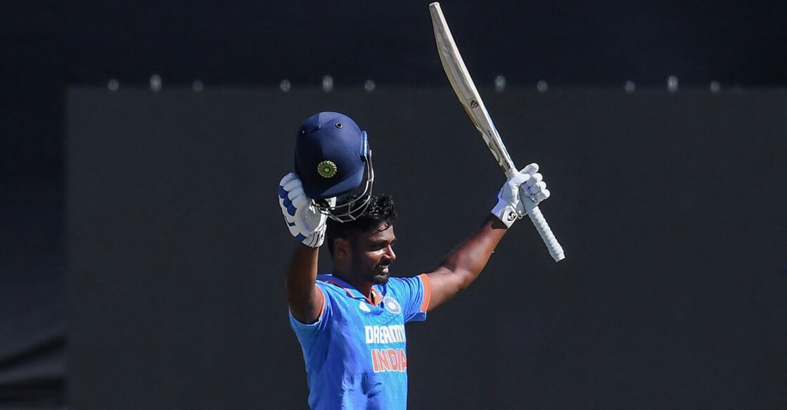 India's Sanju Samson celebrates his century during the third ODI against South Africa at Paarl on Thursday. Photo: AFP/ Rodger Bosch