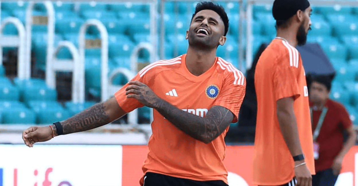 suryakumar-yadav-practice-tvm India's captain Suryakumar Yadav during a practice session on the eve of Sunday's second T20I against Australia at the Sports Hub in Thiruvananthapuram. Photo: KCA