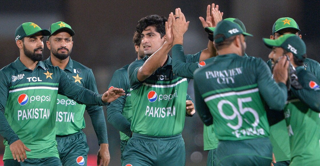 Pakistan's Naseem Shah (centre) celebrates a wicket during an Asia Cup match against Nepal in Multan on August 30, 2023. Photo: AFP/ Asif Hassan