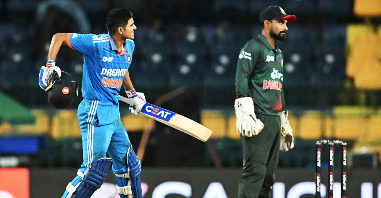India's Shubman Gill (left) celebrates after scoring a century during the Asia Cup 2023 Super Four match against Bangladesh at the R. Premadasa Stadium in Colombo on Friday. Photo: AFP/ Farooq Naeem