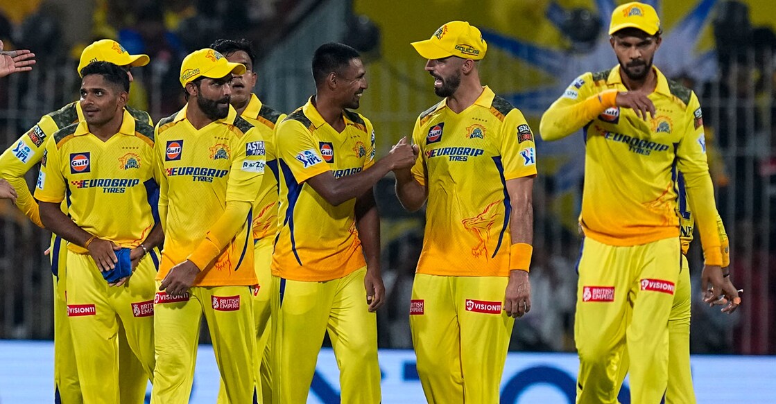 Chennai Super Kings' Mustafizur Rahman celebrates with teammates the wicket of Royal Challengers Bengaluru batter Virat Kohli during the Indian Premier League (IPL) 2024 opener at MA Chidambaram Stadium in Chennai on Friday. Photo: PTI
