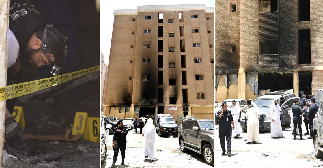 A forensic expert inspects the site (left) at a labour building (right) in Mangaf area of Kuwait that was gutted in a massive fire. Photos: X/@kuna_ar