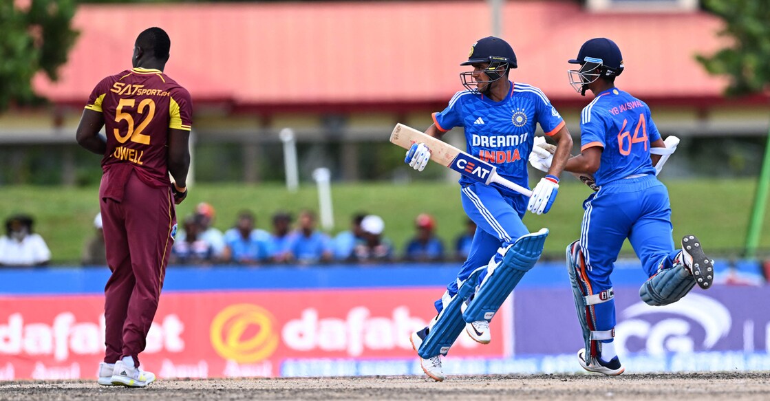 India's Yashasvi Jaiswal (right) and Gill Shubman run between the wickets during the fourth T20I against West Indies at Central Broward Regional Park in Lauderhill, Florida on Saturday. Photo: AFP/Chandan Khanna