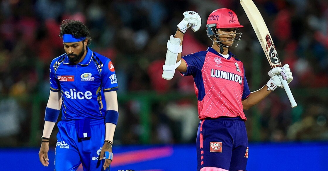 PTI04_22_2024_000342A,RR vs MI in Jaipur ,PTI04_22_2024_000342A Rajasthan Royals batter Yashasvi Jaiswal celebrates his half century during the Indian Premier League (IPL) match against Mumbai Indians at Sawai Mansingh Stadium in Jaipur on Monday. Photo: PTI