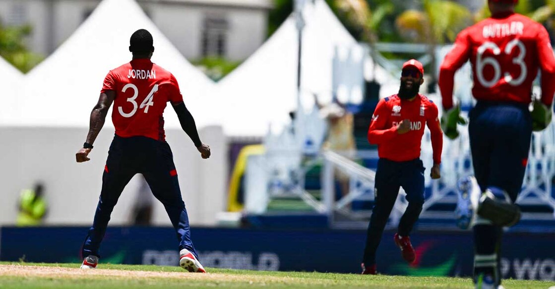 England's Chris Jordan celebrates after dismissing USA's Saurabh Netravalkar during the T20 World Cup 2024 Super Eight match at Kensington Oval in Bridgetown, Barbuda on June 23, 2024. Photo: AFP/Chandan Khanna
