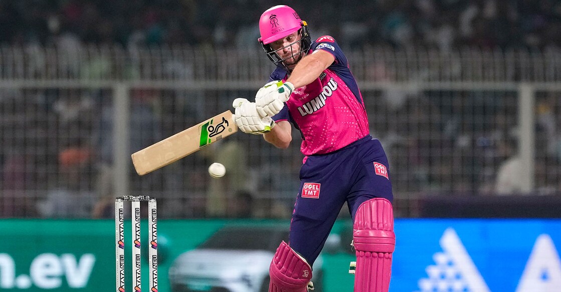 Rajasthan Royals batter Jos Buttler plays a shot during the Indian Premier League (IPL) 2024 match against Kolkata Knight Riders at Eden Gardens in Kolkata on Tuesday. Photo: PTI