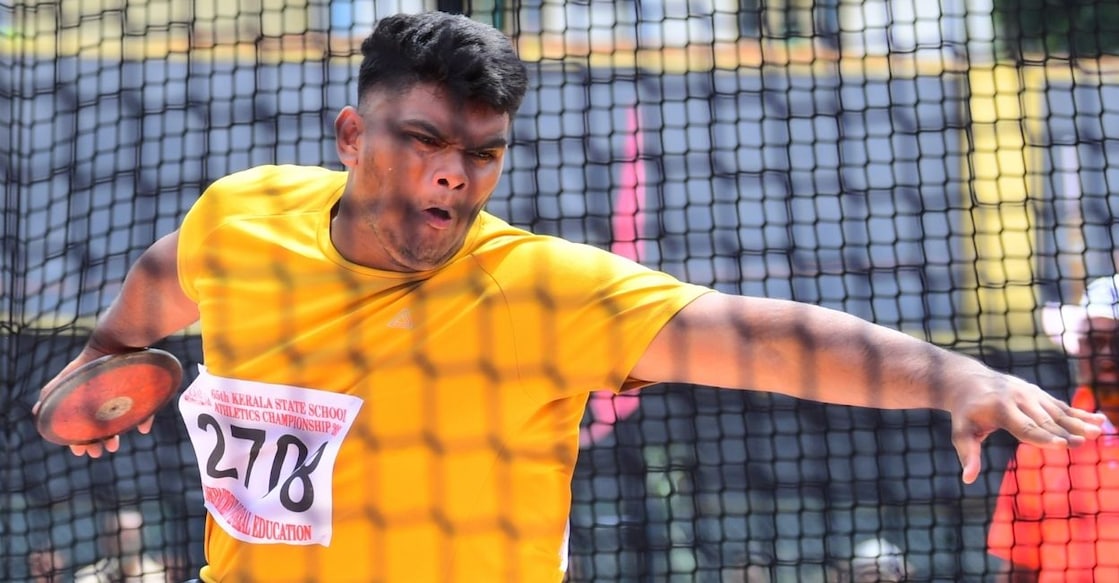 KC Servan competes in senior boys' discus throw. Photo: Manorama