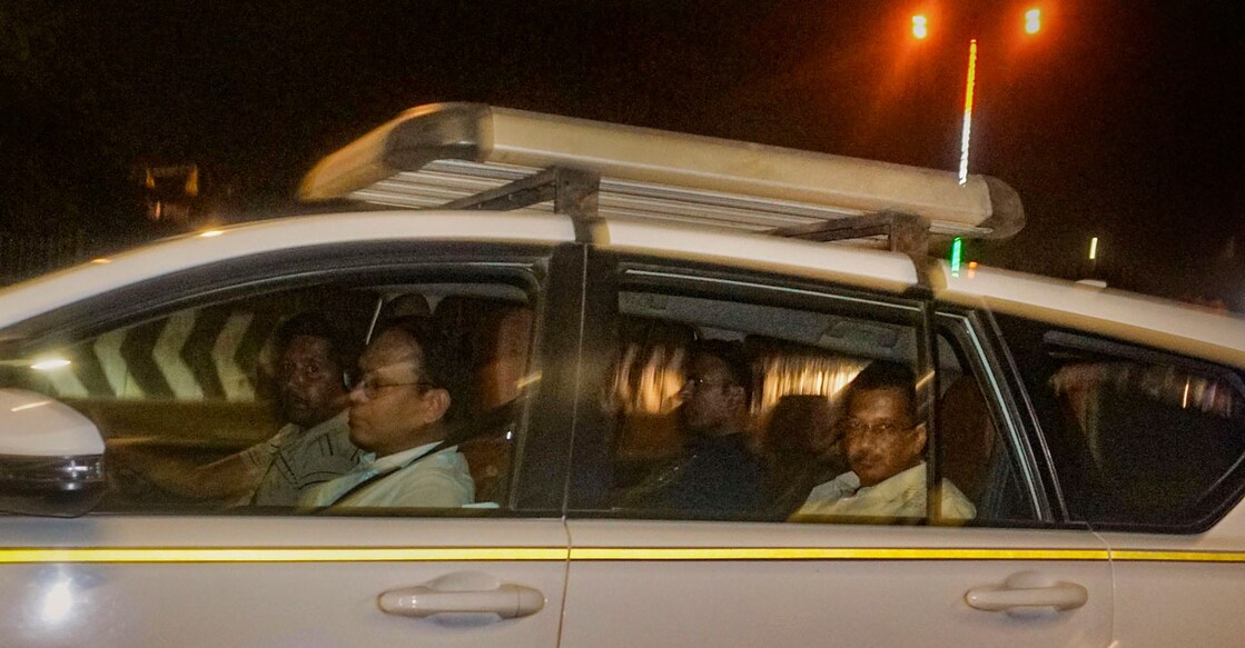 Delhi Chief Minister Arvind Kejriwal being taken from his residence by the Enforcement Directorate in an excise policy-linked money laundering case in New Delhi on Thursday. Photo: PTI