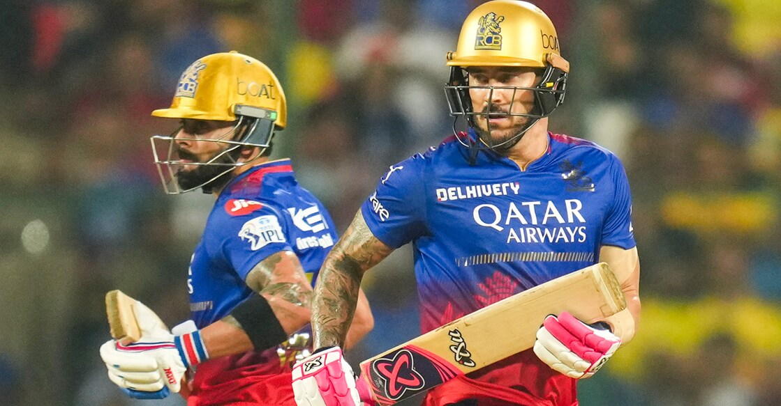 Royal Challengers Bengaluru batters Faf du Plessis and Virat Kohli run between the wickets during the Indian Premier League (IPL) match against Chennai Super Kings at M Chinnaswamy Stadium in Bengaluru on Saturday. Photo: PTI