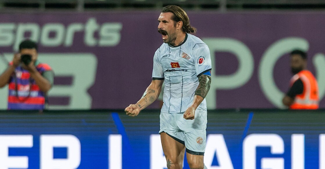 Luca Majcen celebrates his goal for Punjab FC against Kerala Blasters. Photo: ISL
