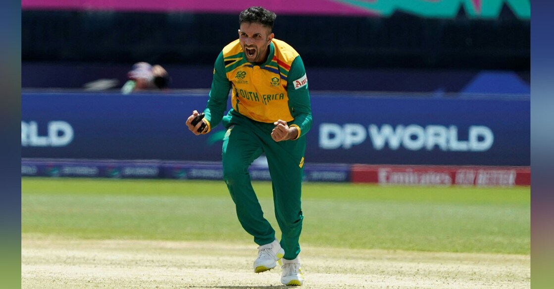 South Africa's Keshav Maharaj reacts after dismissing Bangladesh's Tanzim Hasan Sakib during the T20 World Cup 2024 group D match at Nassau County International Cricket Stadium in East Meadow, New York on June 10, 2024. Photo: AFP/ Timothy A Clary