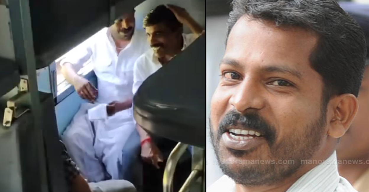 MC Anoop and Kodi Suni (right) travel in a train without handcuffs. Screenshot/Video shared by KK Rema