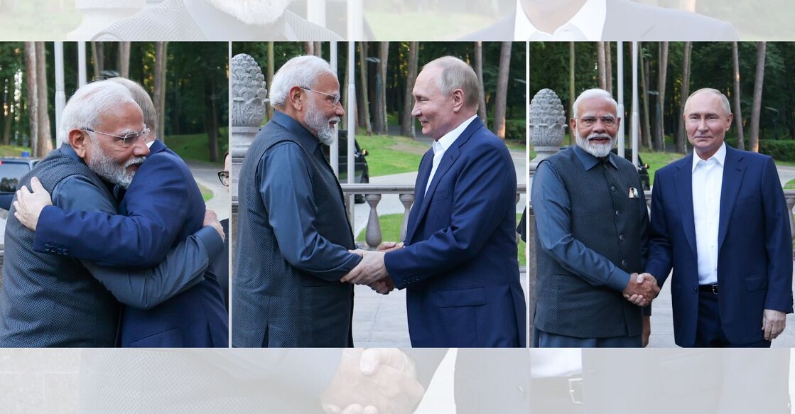 Russian President Vladimir Putin welcomed Prime Minister Narendra Modi at his official residence at Novo-Ogaryovo on Monday. Photo: X/@MEAIndia