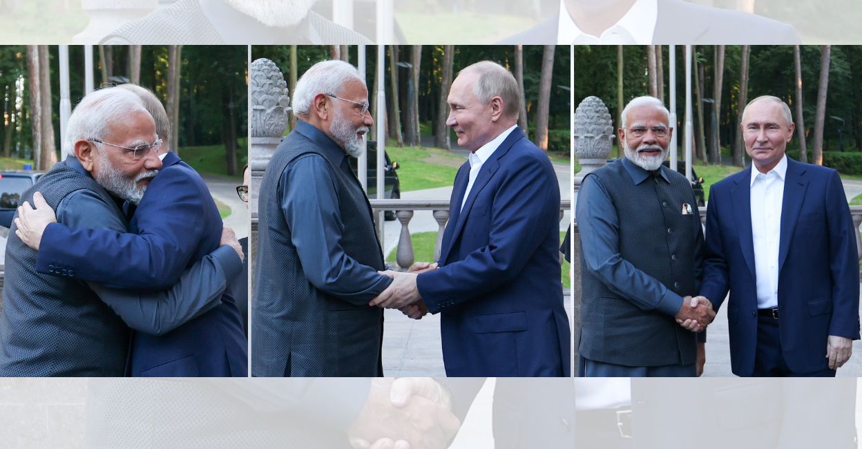 Russian President Vladimir Putin welcomed Prime Minister Narendra Modi at his official residence at Novo-Ogaryovo on Monday. Photo: X/@MEAIndia