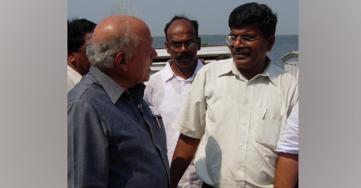 ms-swaminathan-kg-padmakumar-file Dr K G Padma Kumar (right) with Dr M S Swaminathan in Kuttanad. File photo: Special arrangement