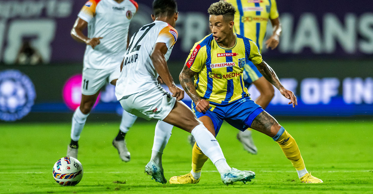 Kerala Blasters' winger Noah Sadaoui attempts to dribble past Mohamad Rakip of East Bengal during the Indian Super League match at the Jawaharlal Nehru Stadium in Kochi on Sunday. Photo: ISL
