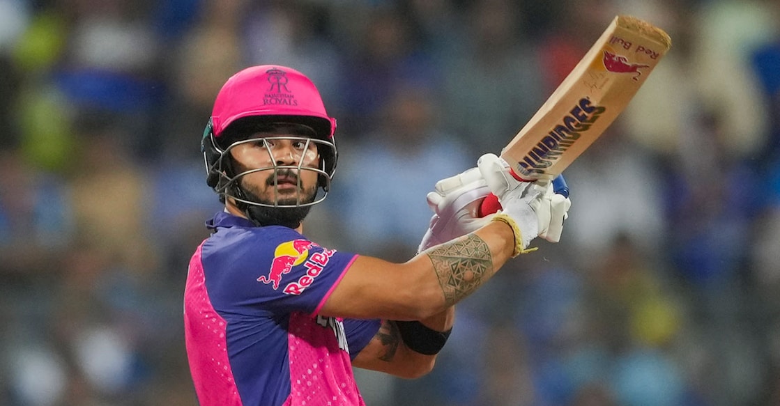 Rajasthan Royals player Riyan Parag plays a shot during the Indian Premier League (IPL) 2024 cricket match against Mumbai Indians at Wankhede Stadium in Mumbai on Monday. Photo: PTI