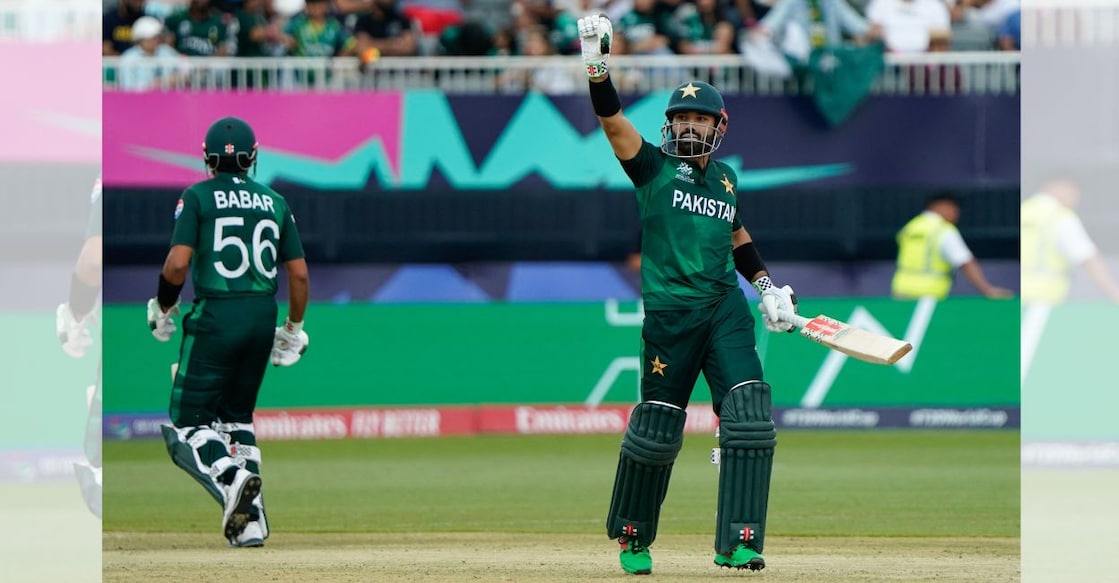 Pakistan's Mohammad Rizwan gestures as Babar Azam walks during the ICC men's T20 World Cup 2024 group A match against Canada at Nassau County International Cricket Stadium in East Meadow, New York on June 11, 2024. Photo: AFP/ Timothy A Clary