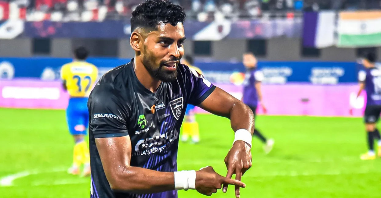Odisha FC's Roy Krishna celebrates scoring against Kerala Blasters in the Indian Super League. Photo: ISL