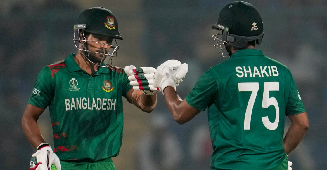 Bangladesh's Shakib Al Hasan and Najmul Hossain Shanto during the ICC Men's Cricket World Cup match against Sri Lanka at the Arun Jaitley Stadium in New Delhi on Monday. Photo: PTI