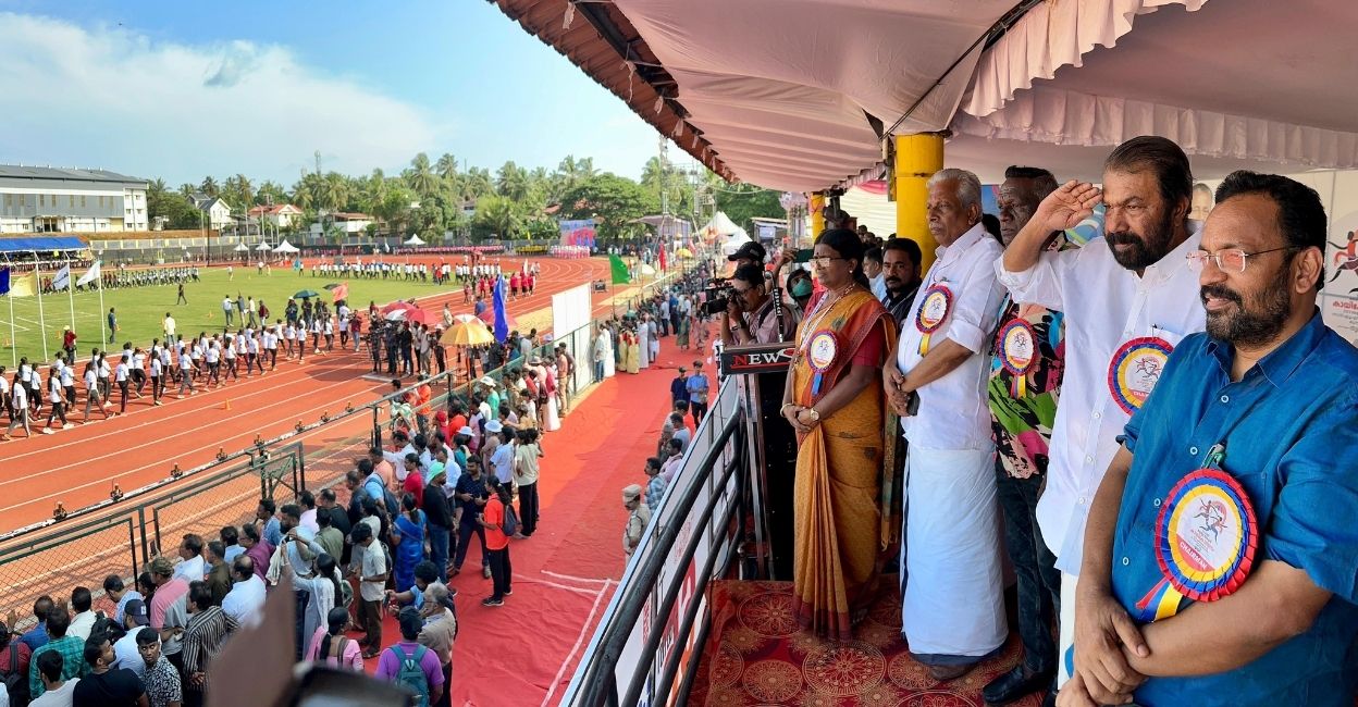 Ministers V Sivankutty and K Rajan during the inauguration of the state schools athletics meet at Kunnamkulam in Thrissur on Tuesday. Photo: Special arrangement