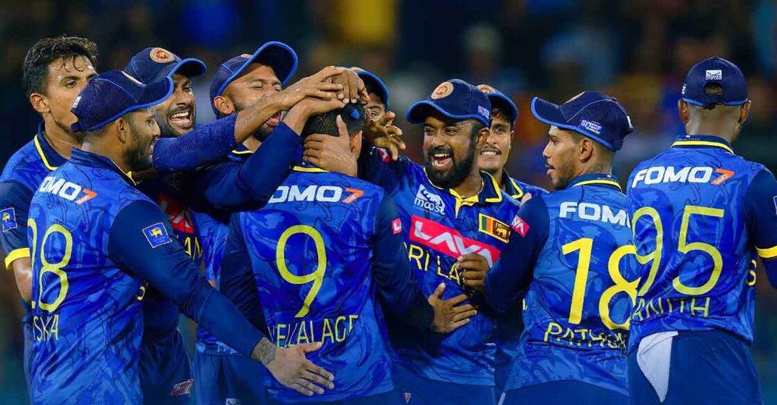 Sri Lankan players celebrate a wicket against India. Photo: X/@OfficialSLC