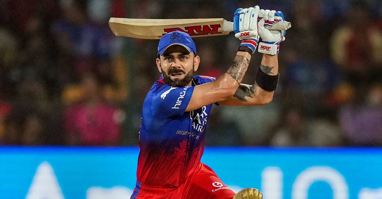 PTI03_25_2024_000270B Royal Challengers Bengaluru batter Virat Kohli plays a shot during the Indian Premier League (IPL) 2024 match against Punjab Kings at M Chinnaswamy Stadium in Bengaluru on Monday. Photo: PTI