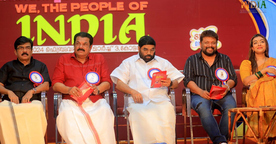 Actors Vijayaraghavan, Mukesh and Durga Krishna (extreme right) with director M A Nishad (second from right) and Minister V N Vasavan during the inauguration of 'We The People of India' M G University Arts Festival in Kottayam on Monday. Photo: MG University Union