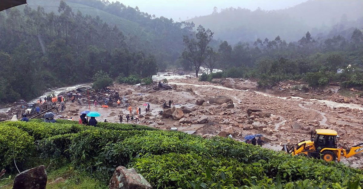 Debris lie on the ground after a landslide due to heavy rainfall in the area, in Idukki district, Friday, Aug. 7, 2020. Five people were killed when a mound of earth caved in on a row of houses of tea estate workers at Pettimudi. (PTI Photo)