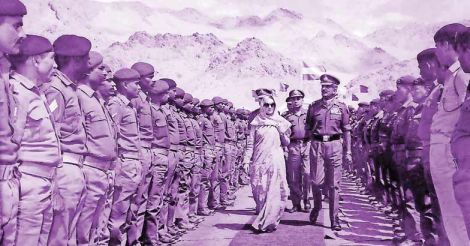 Indira Gandhi visits a military camp in Leh with Field Marshal Sam Manekshaw on June 22, 1980.