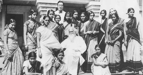 Indira Gandhi (fifth from right) with Rabindranath Tagore in Shantiniketan in 1934.