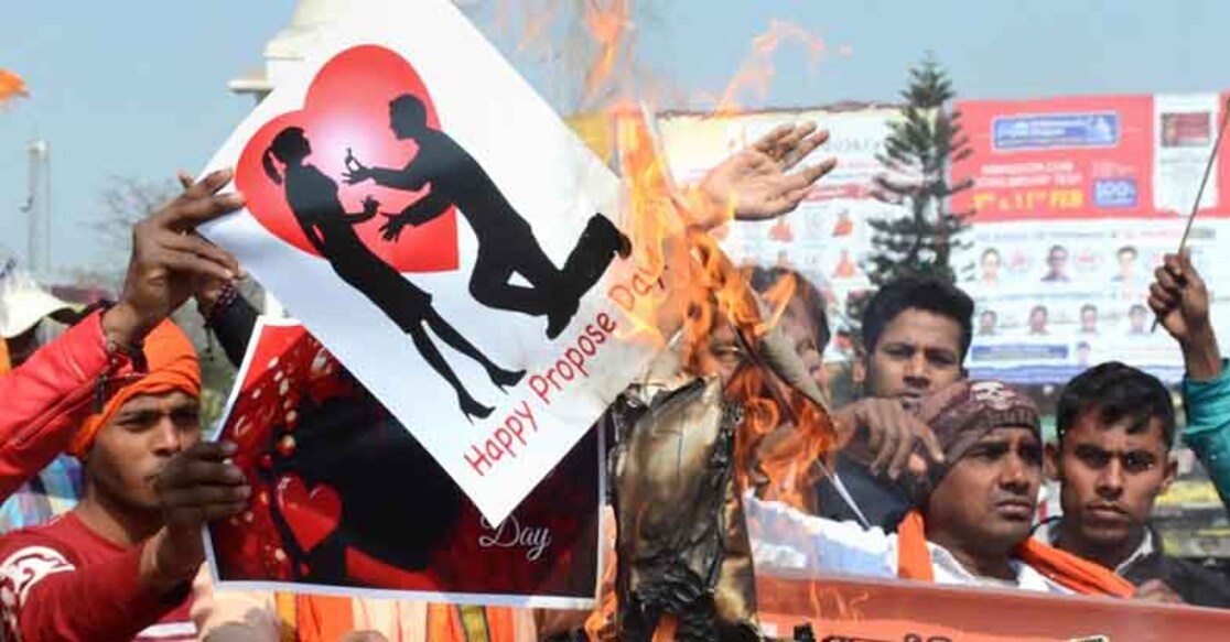 Members of the Vishwa Hindu Parishad (VHP) shout slogans during a protest against Valentine's Day celebrations in 2018. File photo: PTI