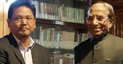 Shillong: NPP president Conrad Sangma calls on Meghalaya Governor Ganga Prasad with a letter to form government in the state in Shillong on March 4, 2018. (Photo: IANS)
, Hiccups ahead of Conrad Sangma taking oath as Meghalaya CM