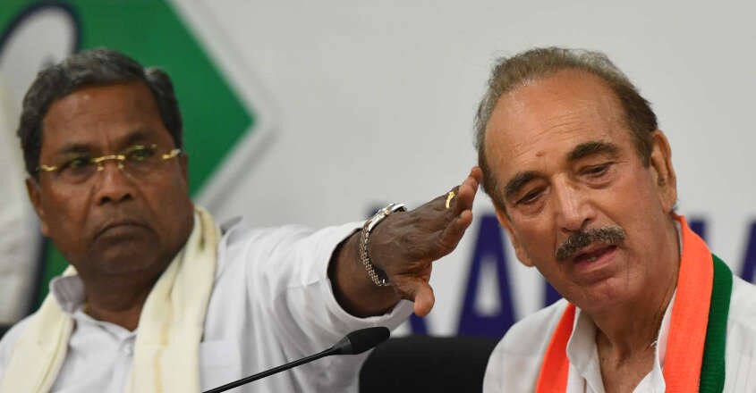 siddaramaiah-azad BENGALURU 2018 MAY 18 : Former Karnataka chief minister Siddaramaiah and Congress senior leader Ghulam Nabi Azad in a press meet at KPCC office Bengaluru @ Josekutty Panackal