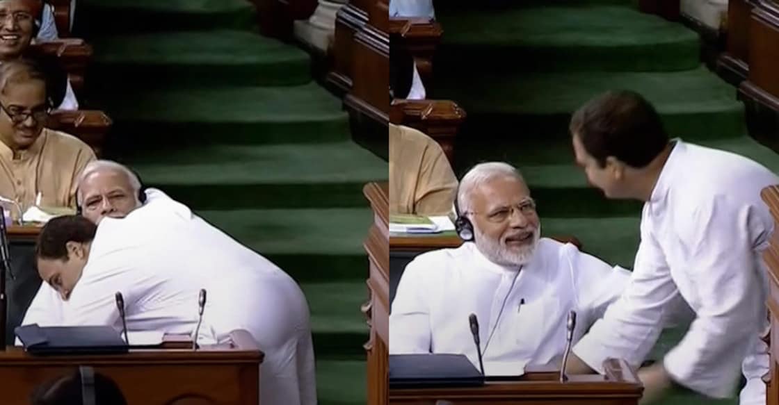 Rahul does a Modi, hugs PM in Lok Sabha