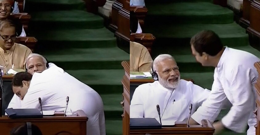 Rahul does a Modi, hugs PM in Lok Sabha