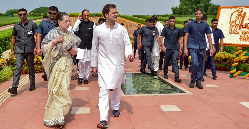 New Delhi: In this Oct. 2, 2019 file photo, Congress President Sonia Gandhi with party leader Rahul Gandhi accompanied by SPG leave after paying tribute to Mahatma Gandhi on the 150th birth anniversary at Rajghat in New Delhi. The government has withdrawn the Special Protection Group (SPG) cover of Congress president Sonia Gandhi and her children Rahul and Priyanka, and they will now be given Z-plus security by the CRPF on Friday, Nov. 8, 2019. (PTI Photo/Manvender Vashist) New Delhi: In this Oct. 2, 2019 file photo, Congress President Sonia Gandhi with party leader Rahul Gandhi accompanied by SPG leave after paying tribute to Mahatma Gandhi on the 150th birth anniversary at Rajghat in New Delhi. The government has withdrawn the Special Protection Group (SPG) cover of Congress president Sonia Gandhi and her children Rahul and Priyanka, and they will now be given Z-plus security by the CRPF on Friday, Nov. 8, 2019. (PTI Photo/Manvender Vashist)