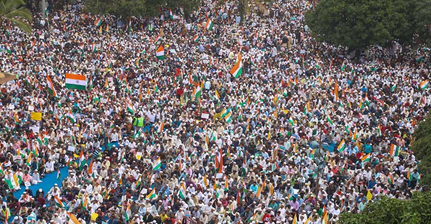 Bengaluru Protestors take part in an anti- National Register of Citizen (NRC) and Citizenship Amendment Act (CAA) protest march, in Bengaluru, Monday, Dec. 23, 2019. (PTI Photo)(PTI12_23_2019_000098B)