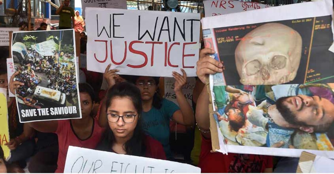 Junior doctors protest in Kolkata following the attack on a junior doctor at the NRS Hospital there. Photo: PTI