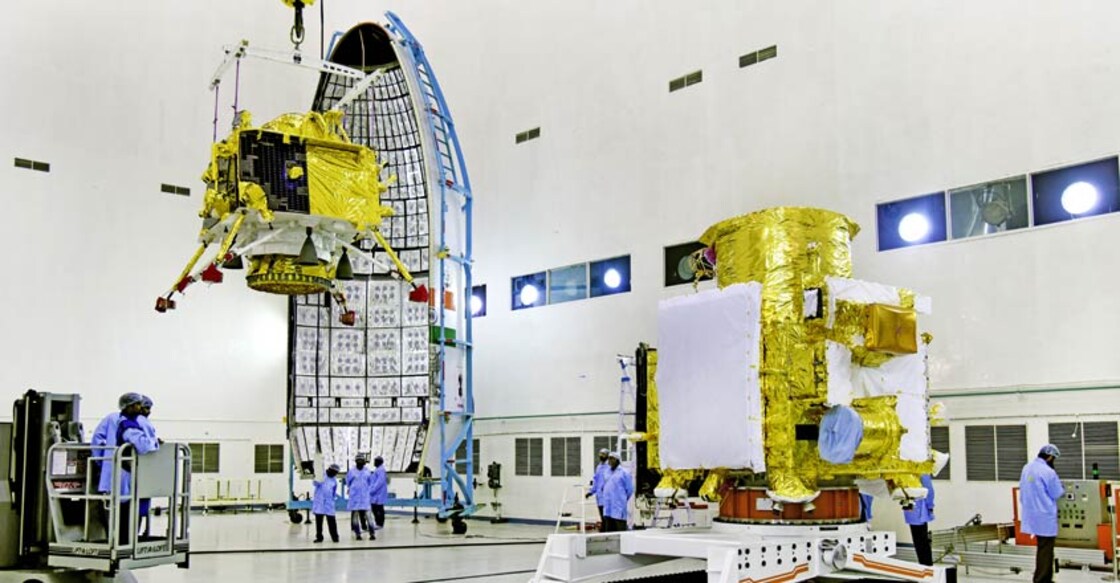 Sriharikota: Hoisting of Vikram lander during Chandrayaan2 spacecraft integration at launch centre. India\'s heavy lift rocket Geosynchronous Satellite Launch Vehicle - Mark III (GSLV Mk III), nicknamed as \'Bahubali\' and its passenger Chandrayaan-2 being readied up for their historic flight to the Moon on July 15 at the Satish Dhawan Space Centre in Sriharikota of Andhra Pradesh\'s Nellore district. (Photo: IANS/ISRO)