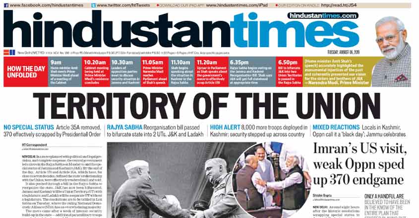 'History, in one stroke': How front pages of English newspapers reported Article 370 cancellation 'History, in one stroke': How front pages of English newspapers reported Article 370 cancellation