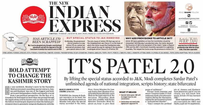 'History, in one stroke': How front pages of English newspapers reported Article 370 cancellation 'History, in one stroke': How front pages of English newspapers reported Article 370 cancellation