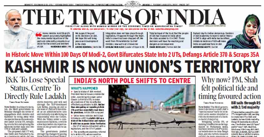 'History, in one stroke': How front pages of English newspapers reported Article 370 cancellation 'History, in one stroke': How front pages of English newspapers reported Article 370 cancellation