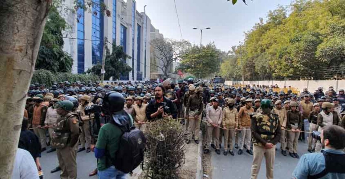 New Delhi: Security personnel deployed in large numbers near Jamia Millia Islamia (JMI) University during Jamia students' protest march to Parliament against the Citizenship Amendment Act (CAA) and National Register of Citizen (NRC), in New Delhi on Feb 10, 2020. (Photo: IANS)